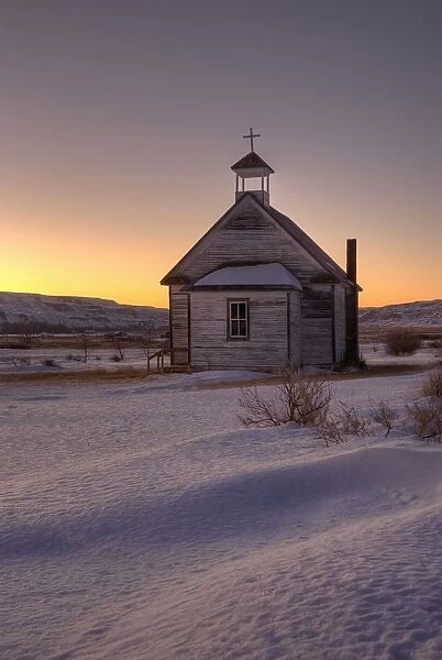 Drumheller, Alberta, Canada; Exterior Of Small Chapel In Winter Sunset