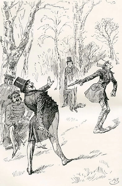 The Duel After The Ball. 'Mr. Winkles Eyes Being Closed, Prevented His Observing The Very Extraordinary And Unaccountable Demeanour Of Doctor Slammer. That Gentleman Stared, Rubbed His Eyes, And, Finally, Shouted 'Stop, Stop! Thats Not The Man!'. Illustration By Harry Furniss For The Charles Dickens Novel The Pickwick Papers, From The Testimonial Edition, Published 1910