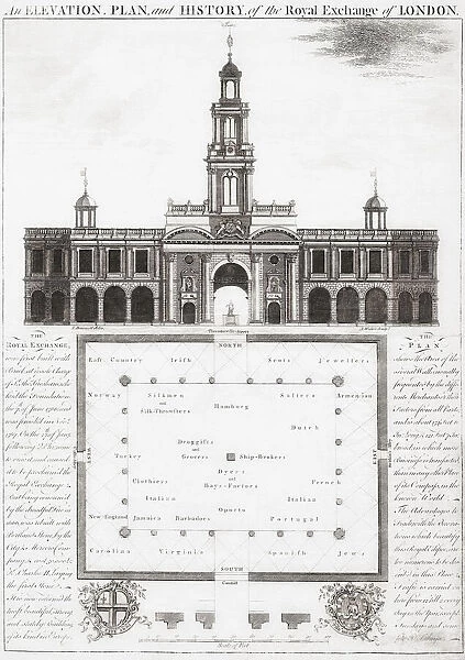 Elevation showing facade and plan of Londons Royal Exchange in the mid-18th century. This building, designed by Edward Jarman, was destroyed by fire in 1838, as was the original Exchange in the Great Fire of London in 1666. The current buiding in Cornhill, is the third iteration of the Exchange. After an engraving by Anthony Walker from a work by John Donowell