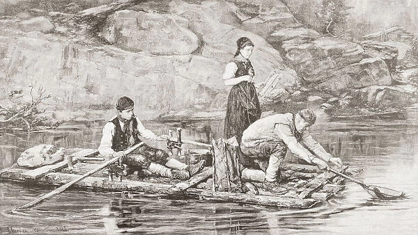 A family trout fishing in Sweden using a wooden raft, and a net to catch the fish, 19th century. From Ilustracion Artistica, published 1887