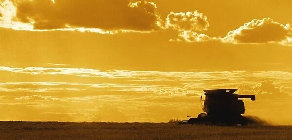 Field With Combine At Sunset