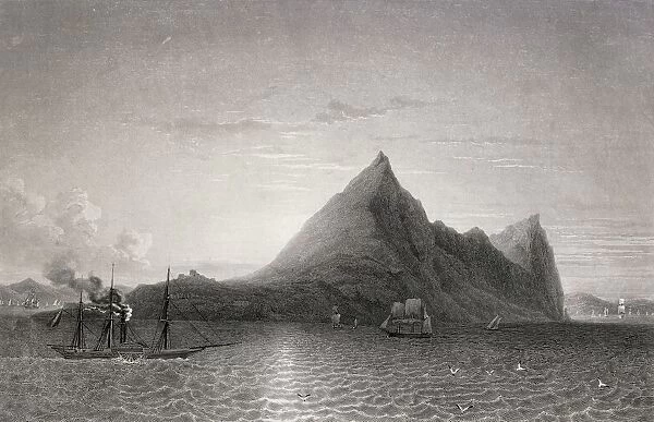 Gibraltar With Steam Ship And Sailing Ship. 19Th Century. Artist: Bouquet. Engraver: Lamperiere