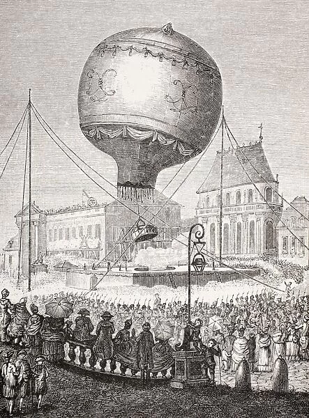 A Hot Air Balloon Ascends In Paris, France In The 18Th Century. From Xviii Siecle Institutions, Usages Et Costumes, Published Paris 1875