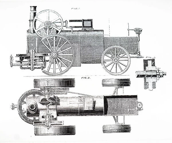 Illustration depicting a steam tractor with a winding drum and smoke box
