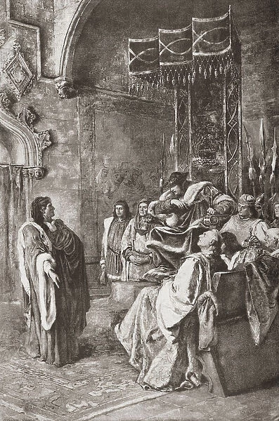 Joan Fiveller demanding from King Ferdinand the right of payment of the state tax for the meat that the buyers of his court acquired in the city. Joan Fiveller, ? - 1434. Barcelona city councillor. From Ilustracion Artistica, published 1887