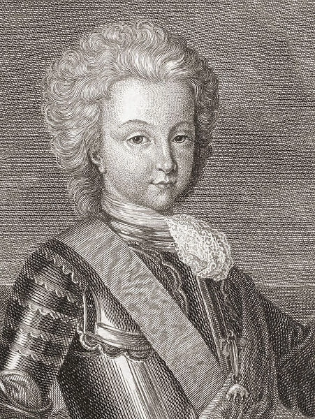 King Luis I of Spain when the Prince of Asturias. Luis Felipe, 1707-1724. Known as el Bien Amado, the Well Loved, or el Liberal, the Liberal, he became the shortest reigning king in Spanish history, dying of smallpox just seven months into his reign. From an 18th century engraving by Bernard Picart after a work by Rene Vialy