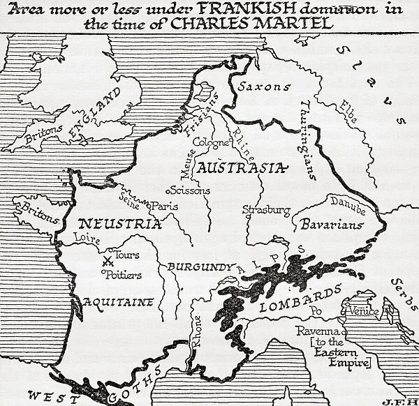 Map showing the area more or less under Frankish dominion in the time of Charles Martel, 8th century. From A Short History of the World, published c. 1936