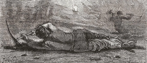 Miner Digging At Coal Mine Coalface In The 19th Century. From The National Encyclopaedia, Published C. 1890