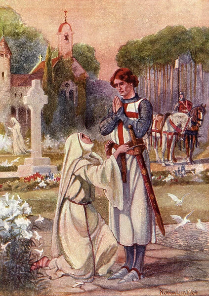 A Nun Binds The Waist Of Sir Galahad With A Belt Made Of Her Hair And A Device Representing The Holy Grail In Crimson And Silver Thread. Coloured Illustration From The Story Of Sir Galahad From Book The Gateway To Tennyson Published 1910