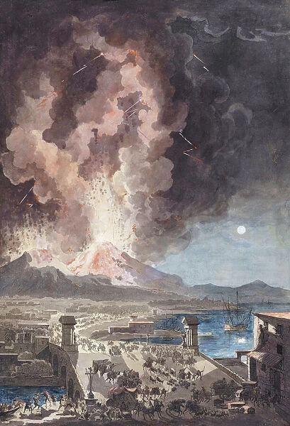 Panic in Naples, Italy, as Mount Vesuvius erupts on August 8, 1779. Vesuvius has erupted regularly throughout history, the most famous being the event of AD79 which destroyed Pompeii and Herculaneum. The most recent eruption was during 1944. Vesuvius remains active. After an 18th century print by Francesco Piranesi from a work by Louis Jean Desprez