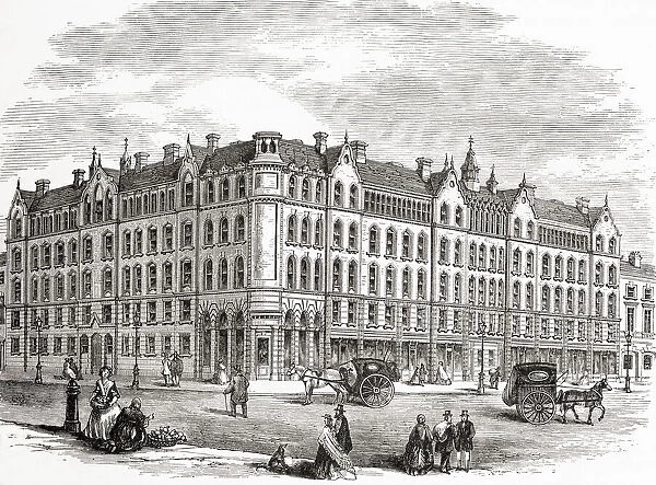 The 'Peabody'dwellings for the industrious poor in Commercial Street, Spitalfields, London, England in the 19th century. George Peabody was an American financier and philanthropist who established the Peabody Donation Fund, today called the Peabody Trust, to provide decent housing for the poor labourers of London. From London Pictures, published 1890