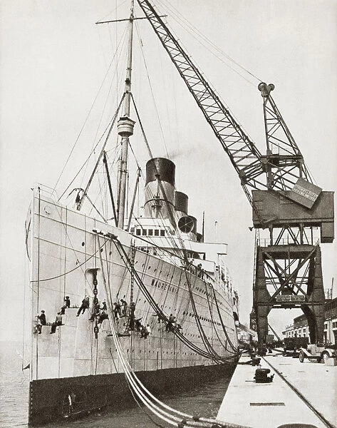 The Rms Mauretania Docked And Beingpainted. From The Story Of 25 Eventful Years In Pictures, Published 1935