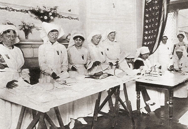 Rooms in Mayfair mansions turned into workrooms for the manufacture of hospital requisites during WWI. Seen here women volunteers. From The Pageant of the Century, published 1934