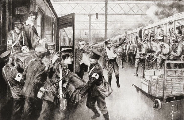 Soldiers Wounded During Wwi Arriving At Waterloo Station, London, England As Another Train Full Of Troops Is About To Leave For The Front On The Opposite Platform. From The War Illustrated Album Deluxe, Published 1915