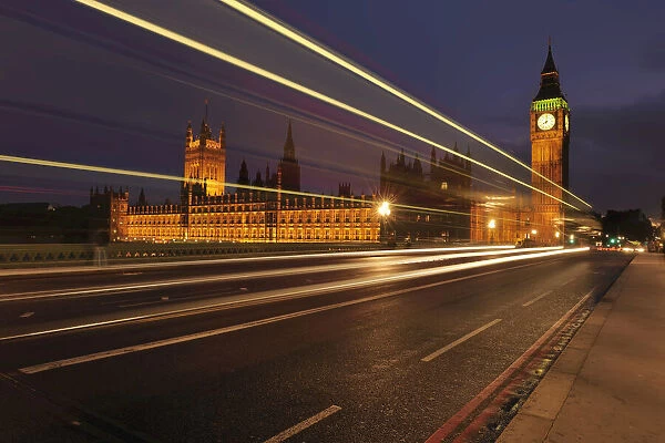 Streaking Lights Past Palace of Westminster, London, England
