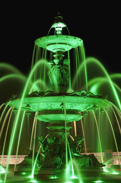 Tourny Fountain Illumination By Green Light; Quebec City, Quebec, Canada