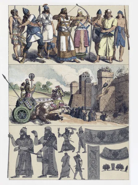 Weapons, war machines and costumes of the Assyrians and Babylonians. After a 19th century illustration by Friedrich Hottenroth