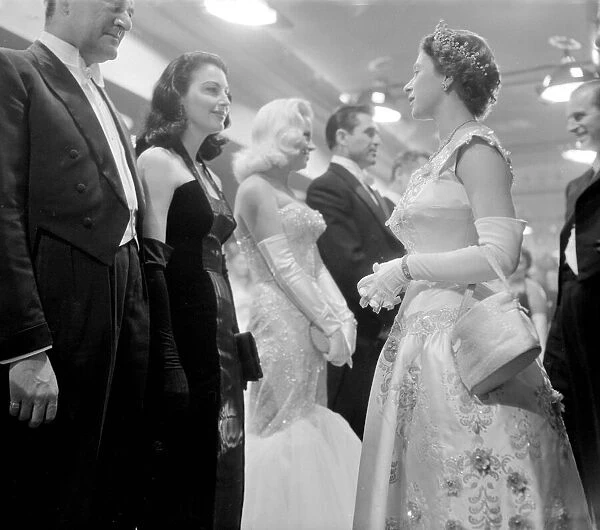 Ava Gardner with the Queen during a Royal Command Film Performance, October 1955