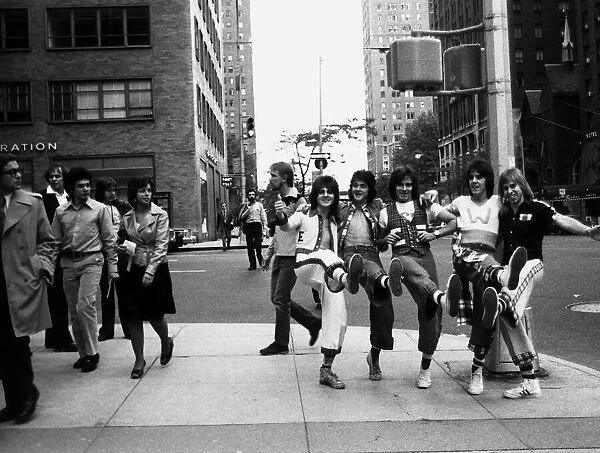 Bay City Rollers dancing the Highland fling during their visit to New York during their
