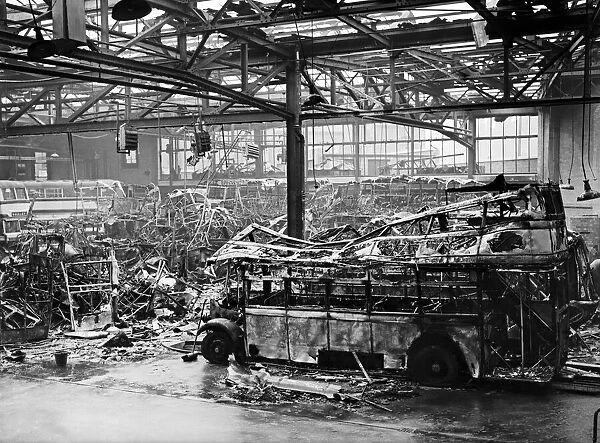 Birmingham Blitz during the Second World War. Damage to Hockley bus depot