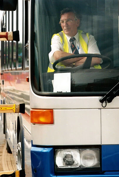 Bus trials on the Quayside. Trial driver Vic Bond. Close-up showing the accuracy of