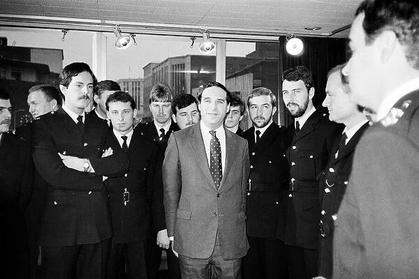 Consevative Home Secretary Leon Brittan at a press conference at Sheffield Police