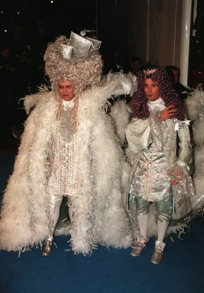 Elton John celebrates his 50th birthday at the Palais 1997 dressed as Louis XIV