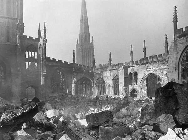 General view showing the ruins of Coventry Cathedral after it was destroyed by the German