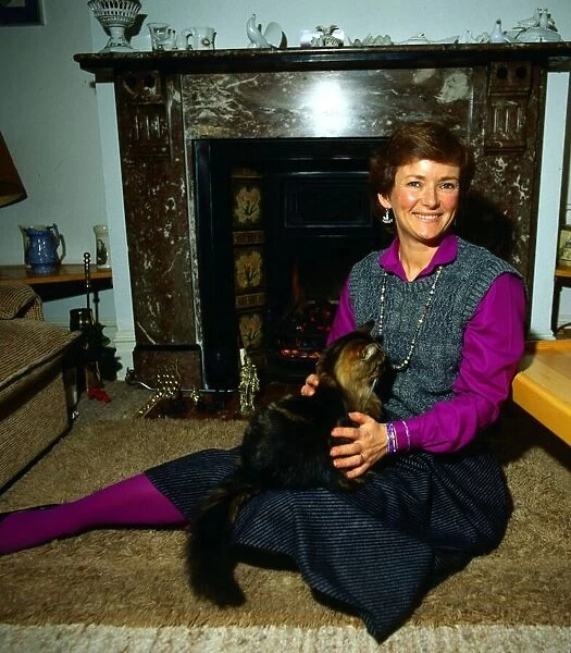 Glenys Kinnock at home with her cat March 1985