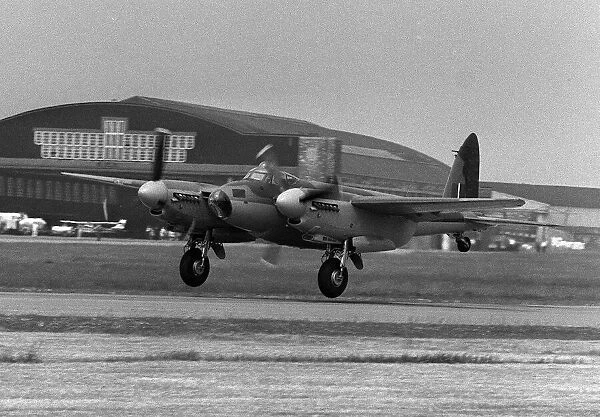 A De Havilland Mosquito takes off from Liverpool Airport where it has been rebuilt to