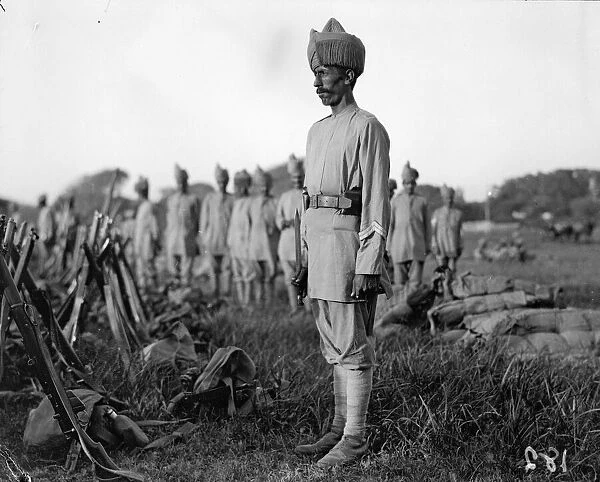 Indian soldier standing sentry at their rest camp at the race course in Marseilles
