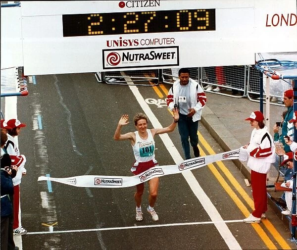 Katrin Dorre crosses the finish line of the 1993 London Marathon