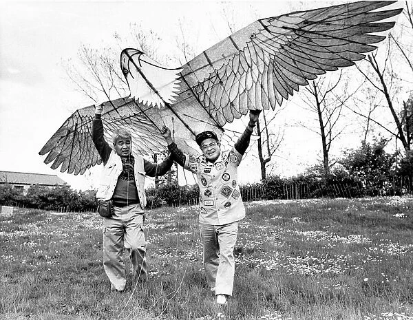 Kite master Mr. Takeshi Nishibayashi (right) with one of his creations in July 1988