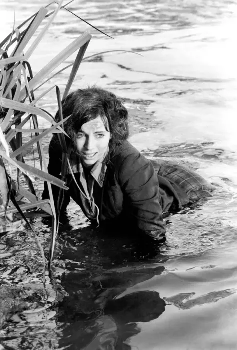 Framed Print : Black and white print of Cyd Hayman in the river during filming Framed Print : Black and white print of Cyd Hayman in the river during filming