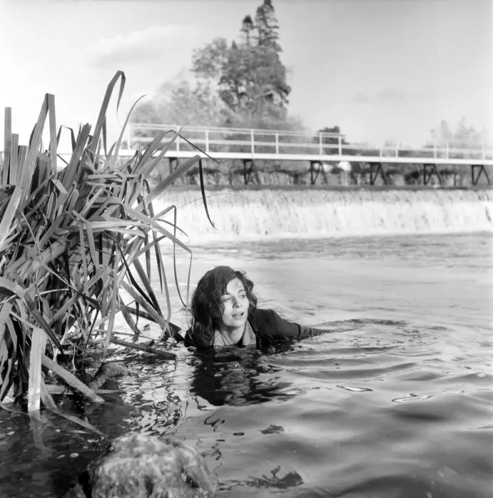 Framed Print : Black and white print of Cyd Hayman in the river during filming Framed Print : Black and white print of Cyd Hayman in the river during filming