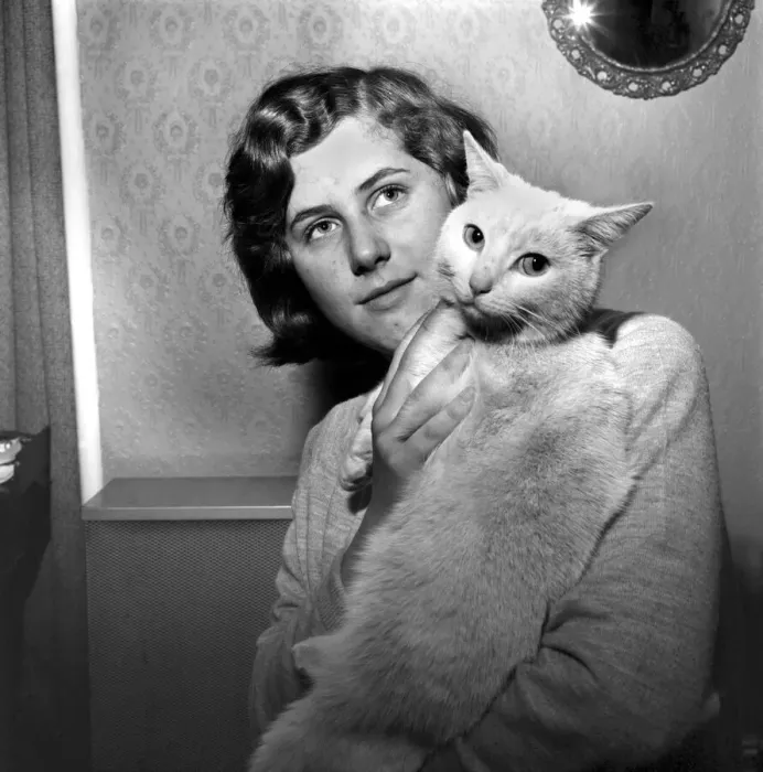 Framed Print : People with Animals Print: Woman Holding Cat, November 1969