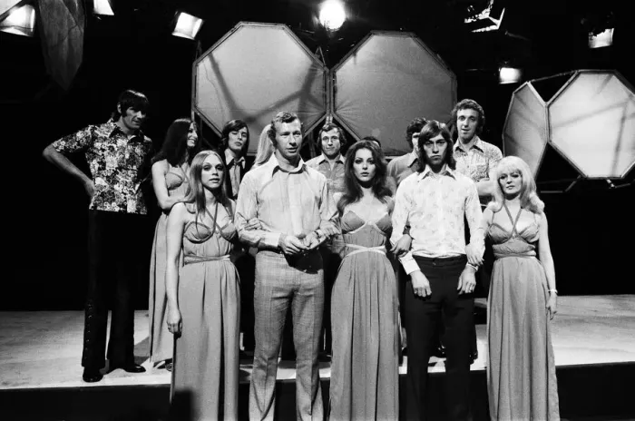 Framed Print : Bob Wilson and Charlie George with Pans People Print 1971