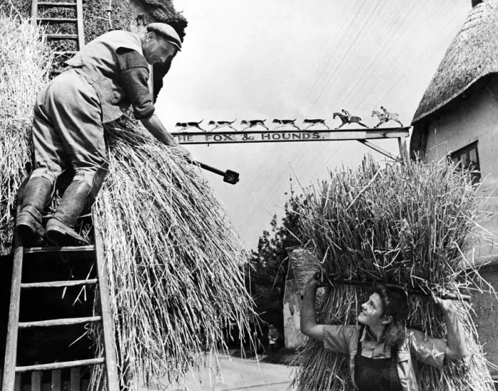 Framed Print : Joyce and Father Re-thatch Barley Village, 1944 Print Framed Print : Joyce and Father Re-thatch Barley Village, 1944 Print