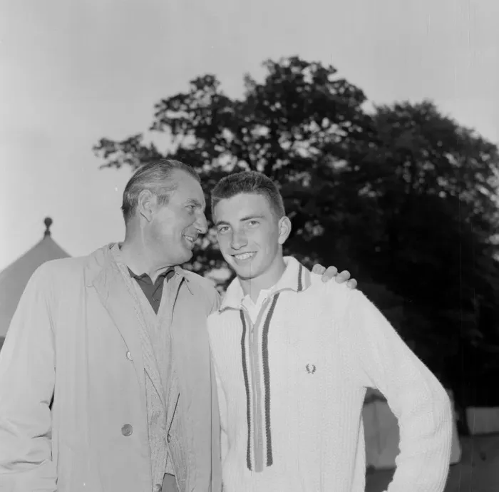 Framed Print : Fred Perry with Stan Matthews Junior, Didsbury 1961 Print Framed Print : Fred Perry with Stan Matthews Junior, Didsbury 1961 Print