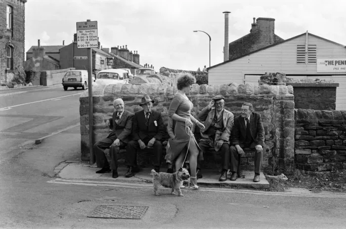 Framed Print : Old Boys Watch Girls Go By Print, Keighley Road Silsden Scene