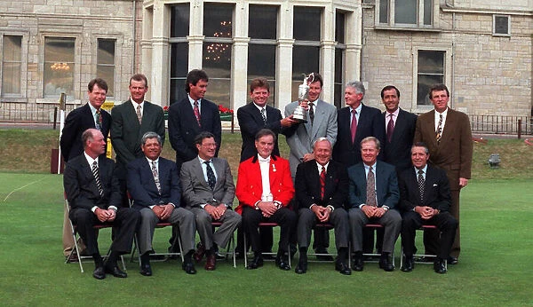 Nick Price holding British Open Golf Championship Trophy with previous winners