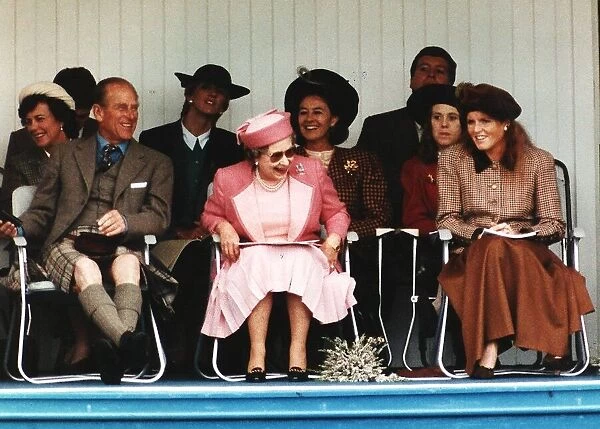 Queen Elizabeth with Prince Philip and Sarah Ferguson at the Braemar Games Queen is