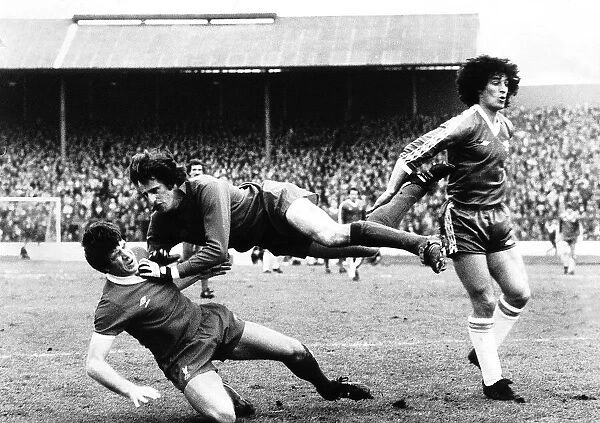 Ray Clemence Liverpool clashes with Emlyn Hughes March 1979 during the Chelsea v