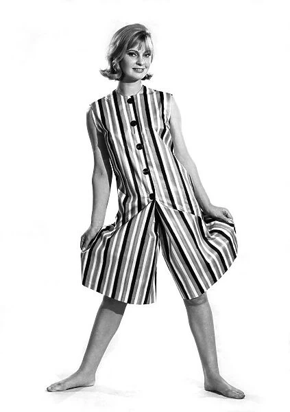 Reveille Fashions: Dawn Chapman modeling a matching stripe sleeveless shirt and shorts