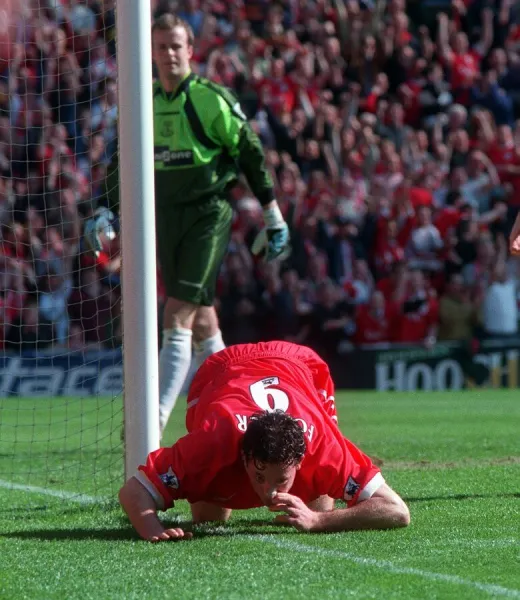 Robbie Fowler coke snorting goal celebration April 1999 during the match against