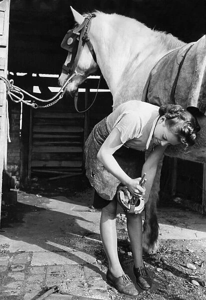 World War Two. Mrs Hughes changing a horses shoe while working as a blacksmith during