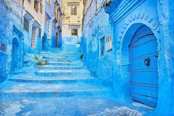 Blue painted walls in old medina of Chefchaouen, Morocco, Africa