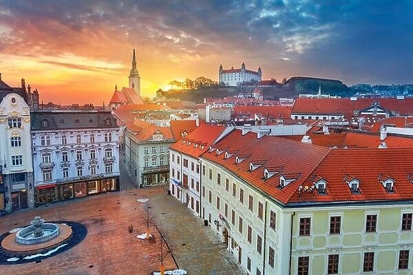 Bratislava. Aerial cityscape image of historical downtown of Bratislava, capital city of Slovakia during sunset