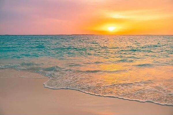 Closeup sea sand beach. Panoramic beach landscape. Inspire tropical beach seascape horizon. Colorful golden sunset sky calmness tranquil relaxation