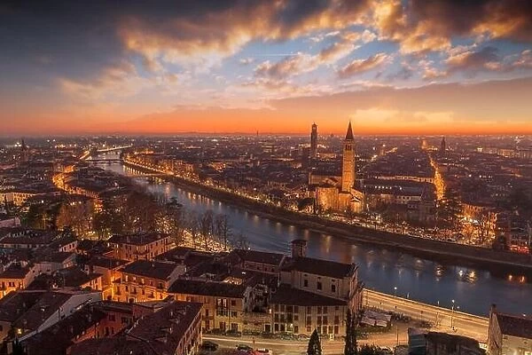 Verona, Italy Skyline on the Adige River at dusk